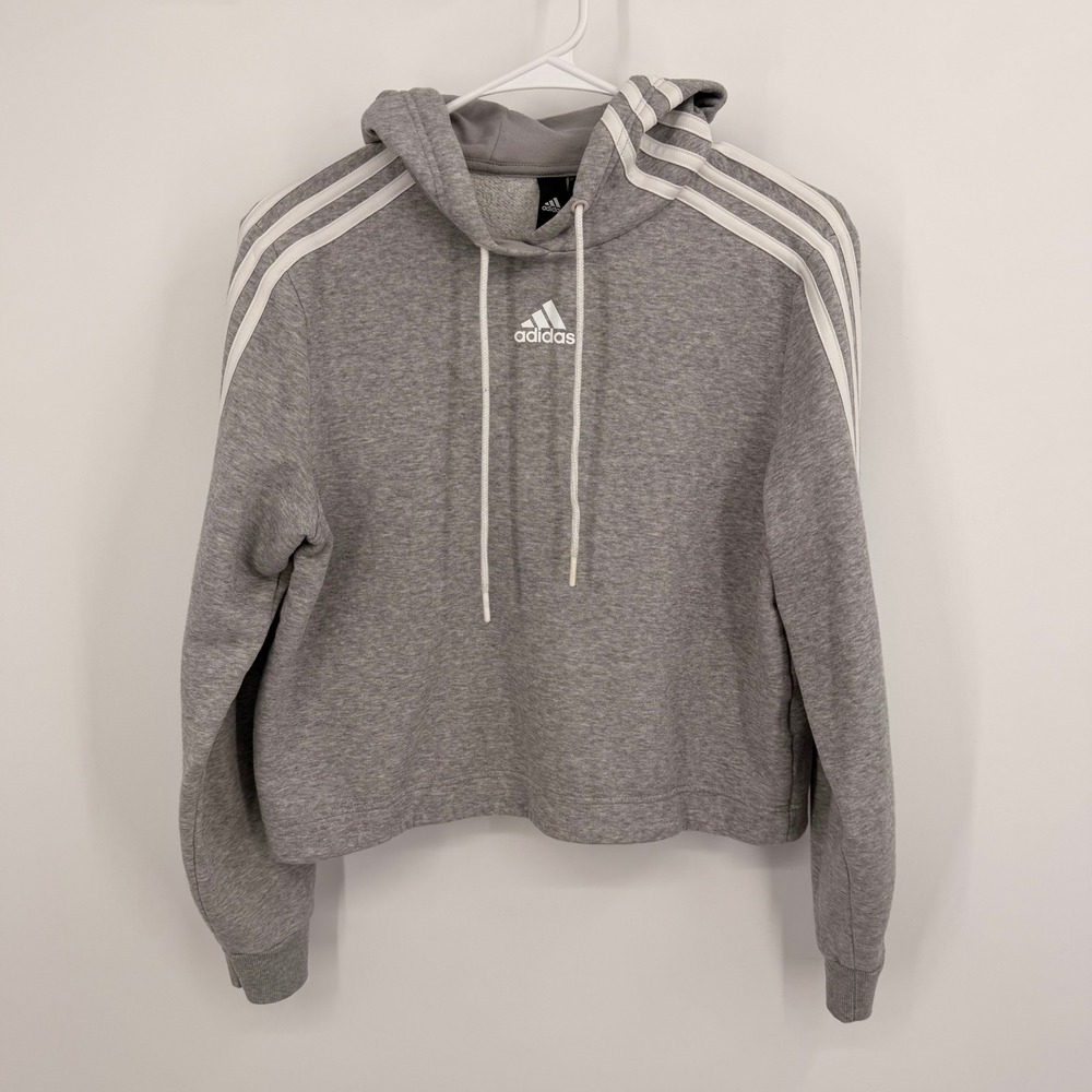 Adidas‎ Top Womens Gray 3-Stripe Cropped Hoodie Sweatshirt Activewear Small